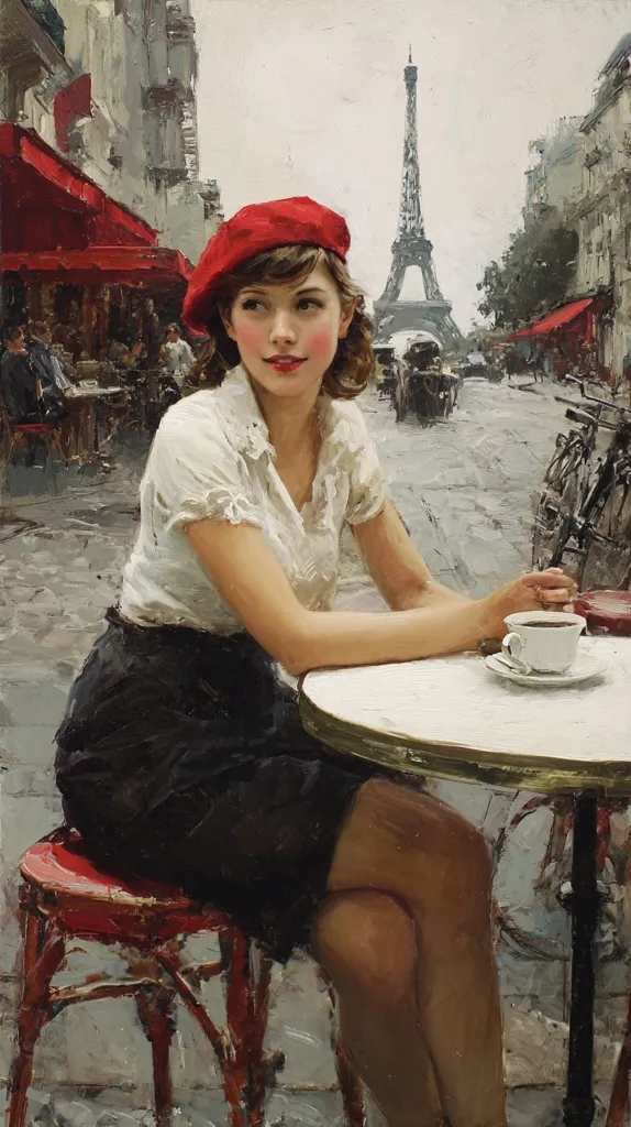 A woman in a red beret sits at a Parisian cafe, enjoying a cup of coffee.  The Eiffel Tower is visible in the background, adding to the romantic ambiance of the scene.  She is dressed in a white blouse and dark skirt, her pose relaxed and contemplative. The painting uses a loose, impressionistic style, emphasizing the mood and atmosphere of the moment.