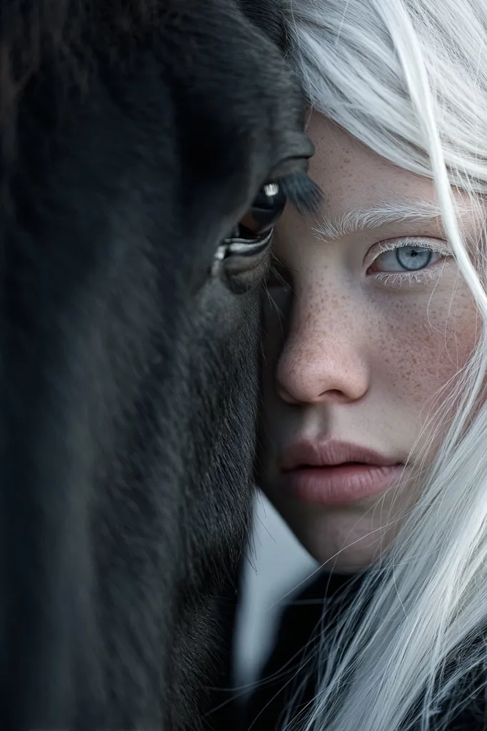 Close-up view of a young woman with striking white hair and light skin, her face partially obscured by a dark horse's head.  The woman's pale complexion and light eyes contrast sharply with the horse's dark coat.  The image evokes a sense of intimacy and connection between the woman and the animal.  The focus is on their shared space, suggesting a bond of trust and companionship.