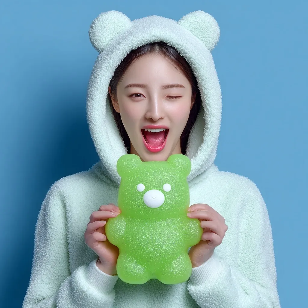 A young woman, wearing a light green hooded sweatshirt with bear ears, playfully winks and holds a lime green gummy bear-shaped object.  Her mouth is open in a joyful expression against a light blue background. The overall image is bright, cheerful, and whimsical.