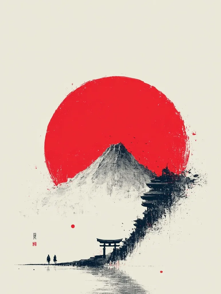 A minimalist Japanese-inspired artwork features a large red sun dominating the background, partially obscuring a mountain peak rendered in shades of gray and black.  A torii gate stands near a shoreline, with two small figures walking towards it. The style evokes traditional sumi-e painting with its use of ink washes and stark contrast. The overall effect is serene and evocative of a tranquil Japanese landscape.
