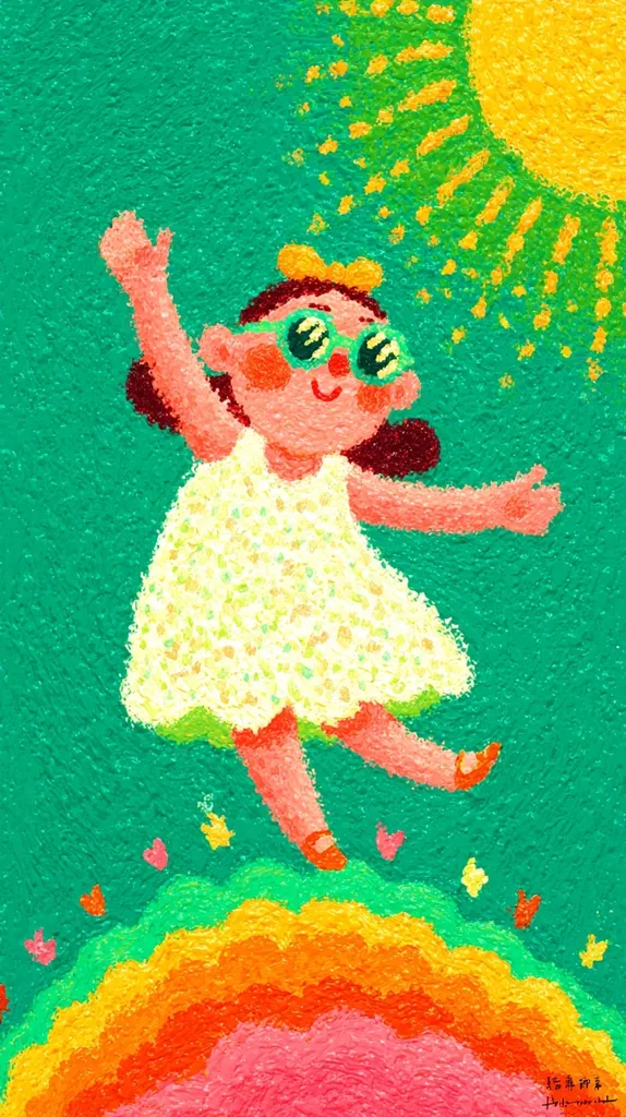 A cheerful girl in a light yellow dress dances joyfully. She wears sunglasses and her arms are raised. The background is a vibrant teal, with a bright sun radiating yellow and green light.  She stands on a rainbow-colored cloud, small hearts and stars scattered around. The style is playful and textured, reminiscent of impasto painting.