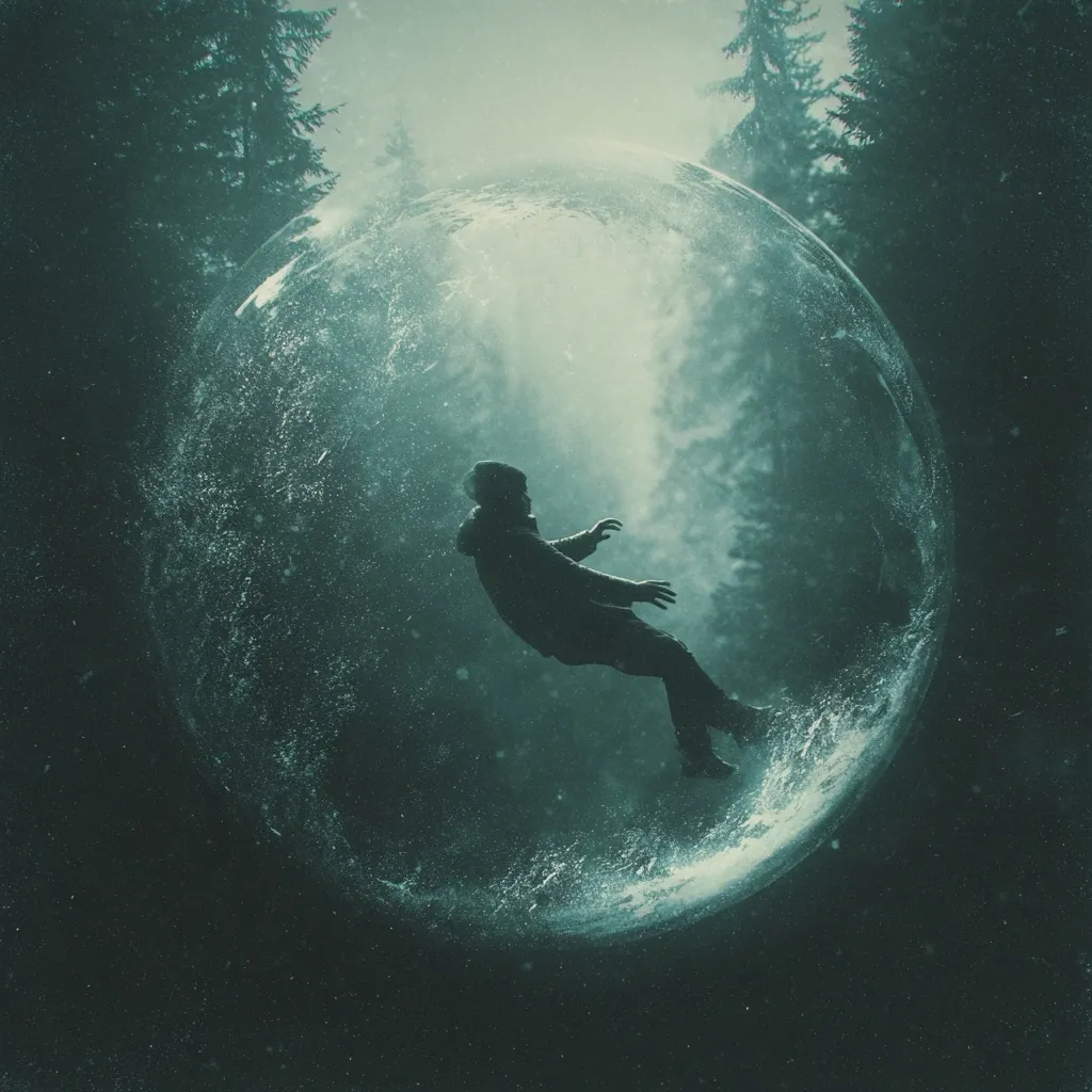 A solitary figure, silhouetted against a misty forest backdrop, falls within a translucent, spherical orb. The orb appears to be made of water or ice, with splashes and particles surrounding the falling person.  The scene evokes a sense of isolation, mystery, and perhaps a descent into an unknown realm or dreamlike state. The overall color palette is muted greens and blues, enhancing the dreamlike atmosphere.