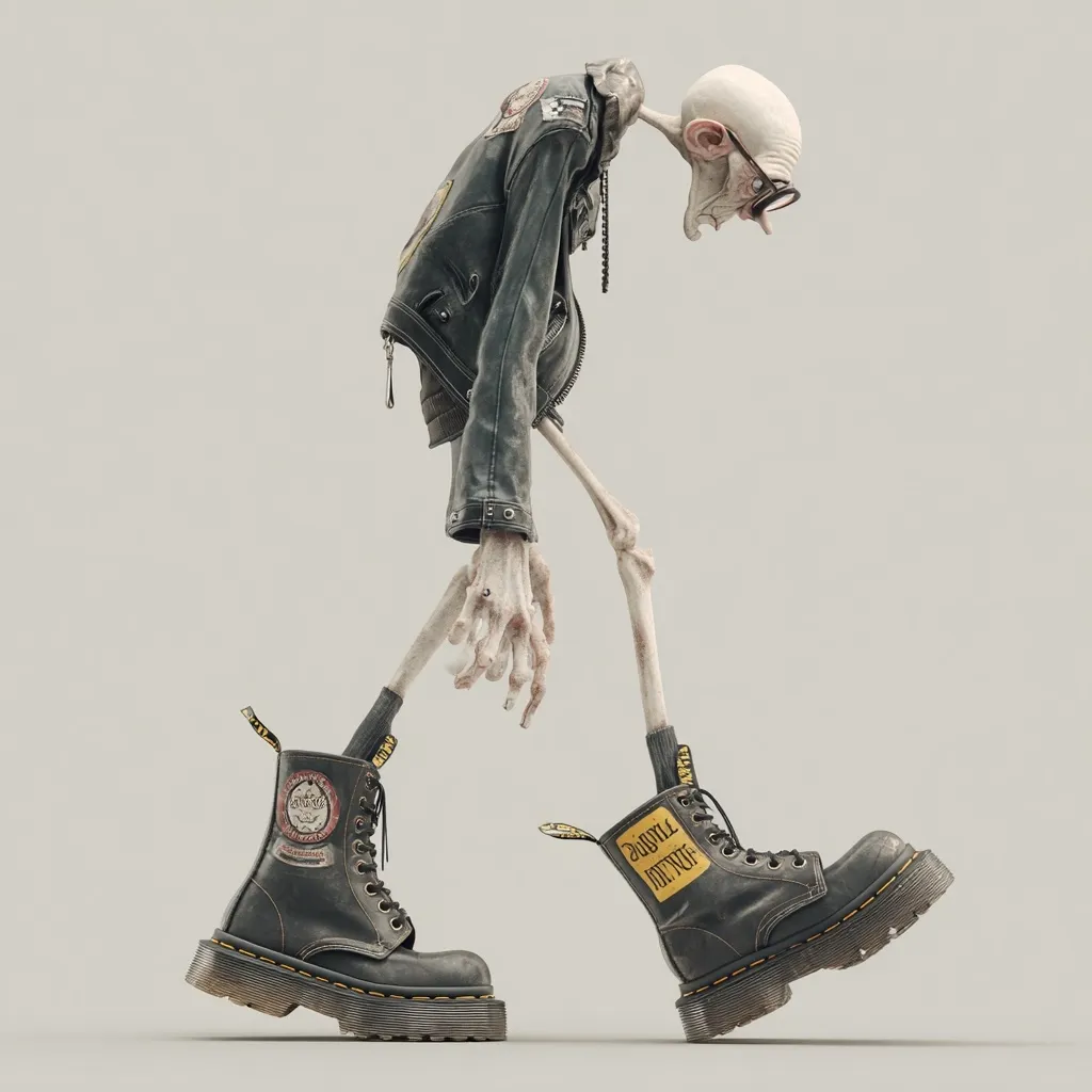 A 3D rendering depicts a skeletal figure, seemingly elderly, clad in a worn leather biker jacket and Dr. Martens boots.  The figure is hunched over, walking with a melancholic posture.  Patches adorn the jacket, and the boots feature custom labels. The overall aesthetic is a blend of punk subculture and macabre imagery.  The background is a muted, neutral tone.