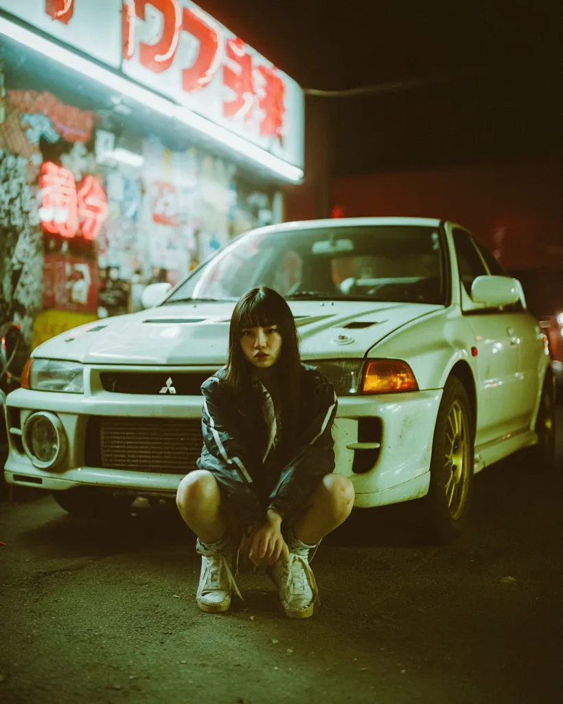 A young woman with long dark hair crouches in front of a white Mitsubishi Lancer Evolution, parked at night near a brightly lit Japanese storefront.  The neon signs cast a warm glow on the scene.  She wears a dark jacket and high-top sneakers, her posture conveying a sense of quiet confidence. The overall atmosphere is moody and stylish, evoking a feeling of urban cool.