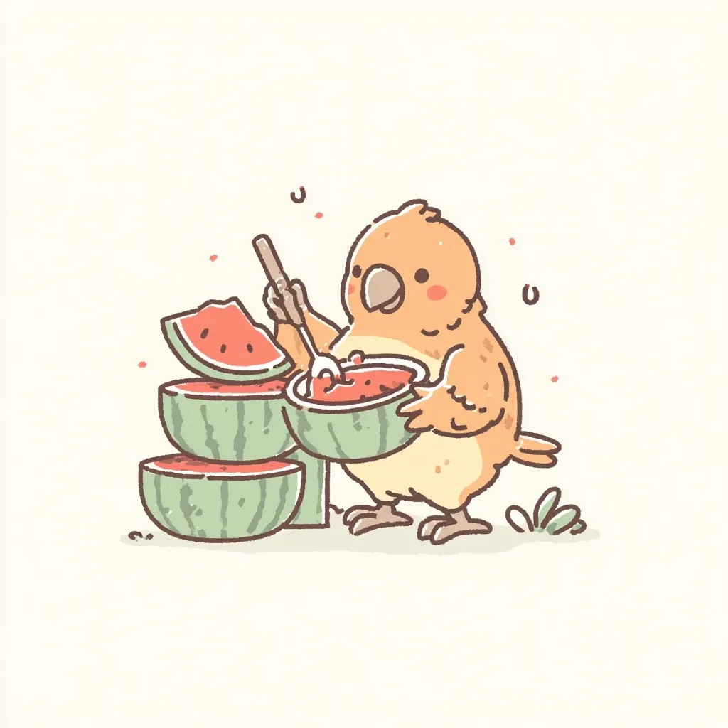 An illustration depicts a cute, orange bird preparing a watermelon treat.  The bird, drawn in a simple, charming style, holds a small spoon, meticulously mixing watermelon pieces in a bowl.  Slices of watermelon are stacked nearby, suggesting a refreshing summer scene. The overall aesthetic is light, cheerful, and slightly whimsical.