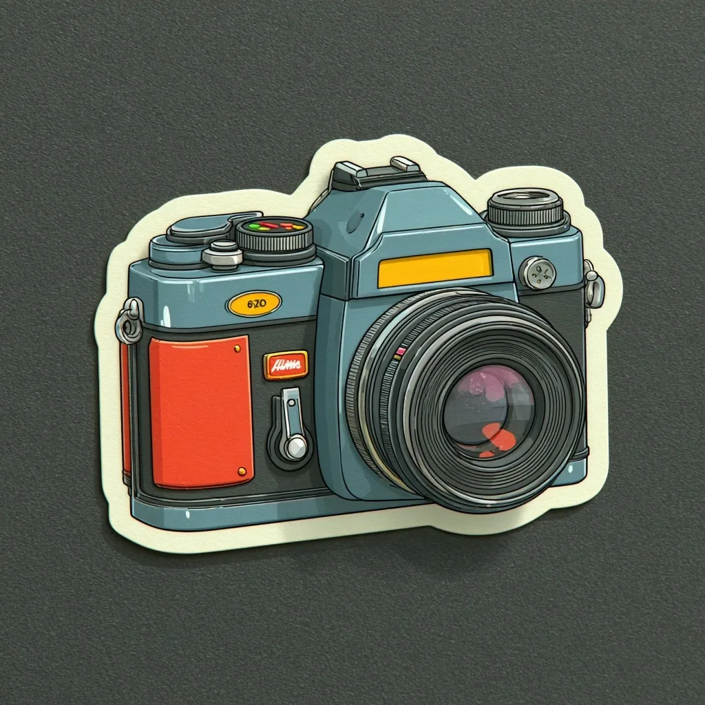 A vintage-style 35mm film camera sticker is shown.  The camera is predominantly teal with orange accents, featuring detailed dials, knobs, and a large lens. The model number "620" is visible, along with the word "Alva."  The sticker's design is reminiscent of classic photography equipment, with a slightly cartoonish, yet realistic style.  It’s adhered to a dark gray textured background.