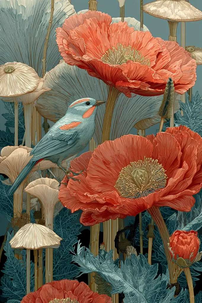 A detailed illustration showcases a serene scene of vibrant red poppies and delicate, pale mushrooms.  A small, light blue bird perches on one of the poppies, its plumage contrasting beautifully with the warm tones of the flowers.  The background suggests a dark, shadowy forest, emphasizing the luminescence of the flowers and the bird.  The artwork's style is reminiscent of botanical illustrations, with meticulous attention to detail in the textures and colors of the flora and fauna.