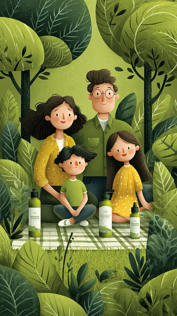 A charming illustration depicts a family of four enjoying a picnic amidst lush green foliage.  The parents, a boy, and a girl are seated on a checkered blanket, surrounded by vibrant leaves and stylized trees.  Three green bottles, possibly toiletries, are placed on the blanket. The overall style is playful and whimsical, evoking a sense of family togetherness and nature.