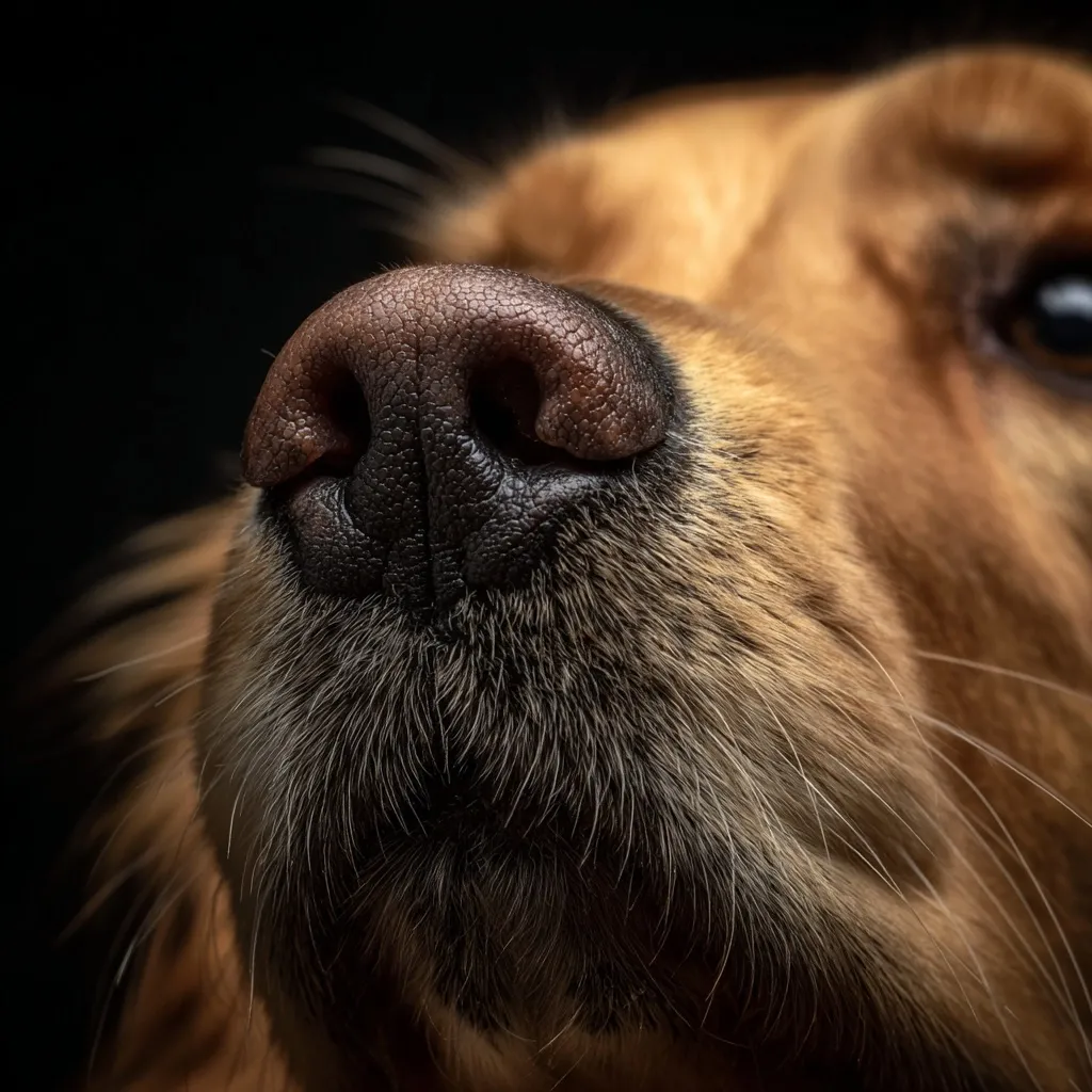 A close-up shot reveals the wet, dark nose and surrounding fur of a golden retriever.  The dog's nose is the focal point, its texture and moistness highlighted against the lighter fur.  The fine hairs around the muzzle are visible, adding detail to the image.  The dark background emphasizes the dog's features.