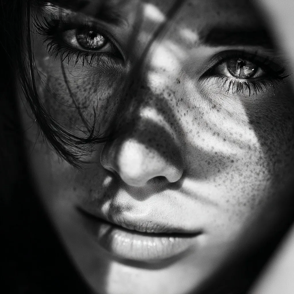 A close-up black and white portrait captures a woman's face, partially obscured by shadows and a stray strand of hair.  Her expressive eyes are prominent, and her face is speckled with freckles. The contrast of light and shadow emphasizes her features, creating a dramatic and intimate mood. The image focuses on her gaze and the delicate details of her skin.