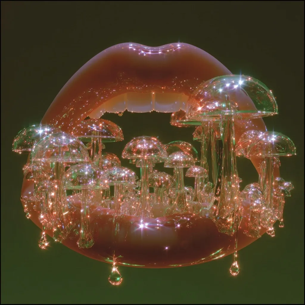 A surreal digital artwork depicts a large, glossy lip forming a cavernous mouth. Inside, a cluster of glistening, glass-like mushrooms sprout, their caps catching and reflecting light.  The overall aesthetic is dreamy and psychedelic, with a color palette of muted pinks, greens, and shimmering highlights.  Drops of liquid seem to hang from the lip, adding to the ethereal and otherworldly effect.