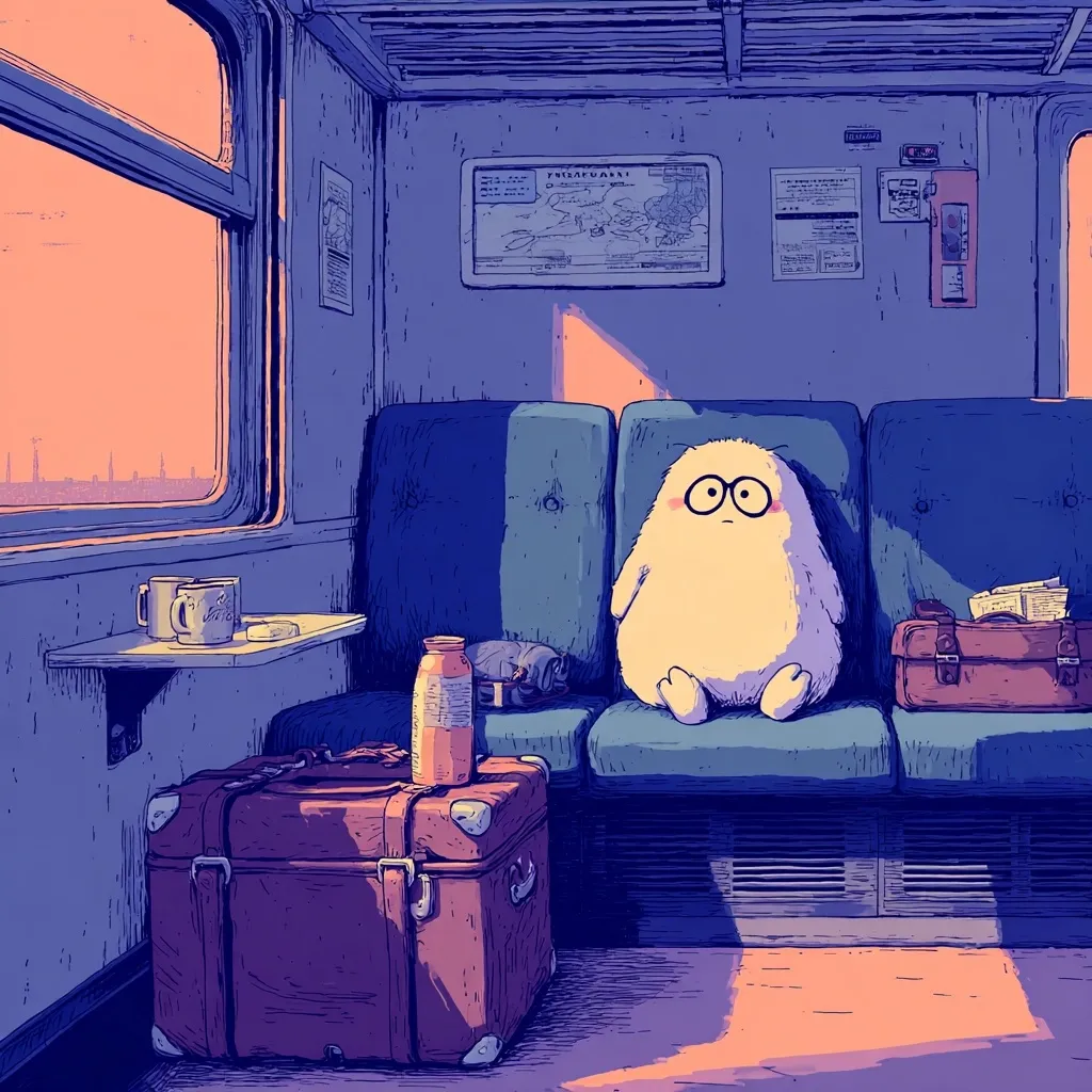 A fluffy, round creature with glasses sits on a train seat, bathed in warm sunlight streaming through the window.  Luggage sits beside it on a small table, suggesting a journey. The train carriage is vintage-styled, with muted purple and orange tones dominating the scene.  A peaceful, melancholic atmosphere permeates the image, hinting at travel and solitude.