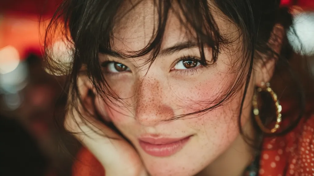 Close-up portrait of a young woman with dark hair and freckles.  Her brown eyes are captivating, and a gentle smile plays on her lips.  Loose strands of hair frame her face, adding a touch of whimsy.  She's wearing gold hoop earrings and a textured orange garment. The background is softly blurred, drawing focus to her expressive features.