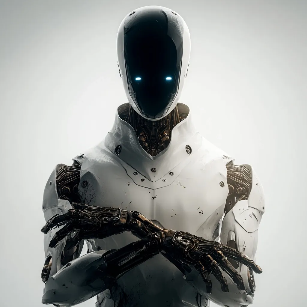A humanoid robot, predominantly white with bronze metallic joints, stands with arms crossed.  Its sleek, dark helmet features glowing blue eyes, conveying a sense of intelligence and perhaps unease. The robot's design blends futuristic technology with a slightly worn, almost aged aesthetic. The image creates a mood of quiet contemplation or subtle menace.