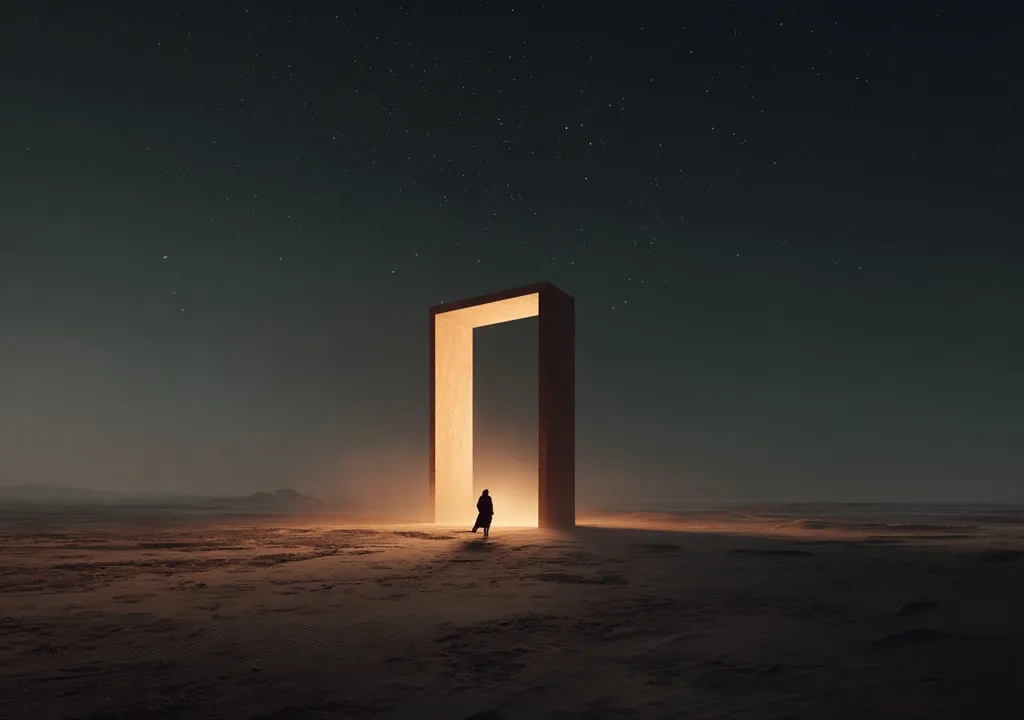 A lone figure stands before a glowing, rectangular portal in a desolate, sandy landscape under a starlit sky. The portal emits a warm, inviting light, contrasting with the cool tones of the night and the barren surroundings. The scene evokes a sense of mystery and journey, suggesting a transition or passage to another realm. The image is digitally created, with a focus on atmospheric perspective and lighting.