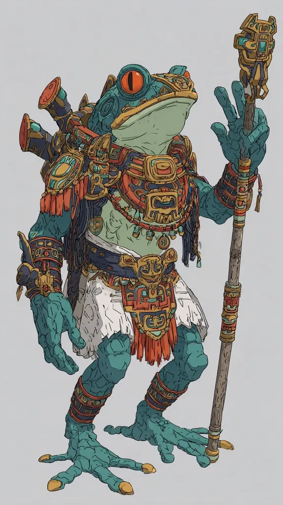 An anthropomorphic frog, adorned in elaborate Mayan-inspired attire, stands holding a staff.  Its clothing features intricate gold and red designs, and its skin is textured like stone. The frog's large, orange eye is striking. The overall style is detailed and reminiscent of fantasy character art.  The background is a muted gray, emphasizing the figure's vibrant details.