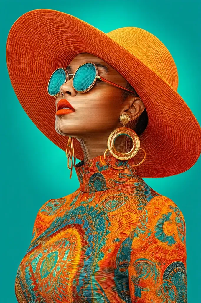 A stylized portrait of a woman with rich, warm tones. She wears a large orange sun hat, teal round sunglasses, and gold hoop earrings. Her high-necked top features an intricate, swirling orange and teal pattern.  The artistic style employs a textured, almost etched effect, adding depth and visual interest to the image. The background is a contrasting teal.