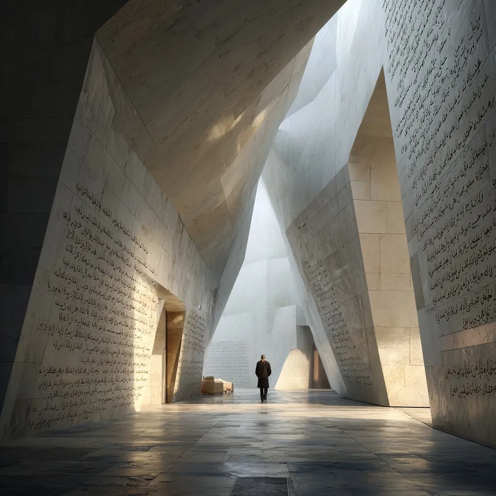 A lone figure walks through a modern, minimalist hall.  The walls are composed of large, angular concrete slabs inscribed with Arabic calligraphy.  Light streams in from above, illuminating the space and highlighting the text. The architecture is dramatic and imposing, creating a sense of awe and serenity.  The overall impression is one of quiet contemplation and spiritual significance.
