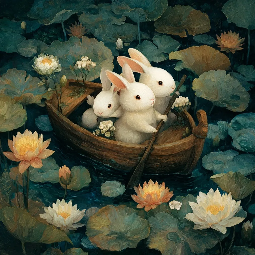 Three adorable white rabbits navigate a small wooden boat across a serene pond filled with lush water lilies.  The scene is painted in a whimsical, dreamlike style, with soft lighting and rich colors emphasizing the peaceful atmosphere.  Flowers bloom around the boat, creating a magical and enchanting setting. The rabbits appear content and calm, enjoying their tranquil journey.