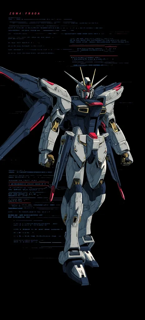 A stylized illustration of the ZGMF-X8 FRX-0A, a mobile suit from the Gundam SEED franchise.  The mecha is depicted in a dynamic pose against a dark background overlaid with futuristic text resembling digital data streams.  The design emphasizes sleek lines and a predominantly gray, blue, and red color scheme.  The image has a minimalist yet striking aesthetic.