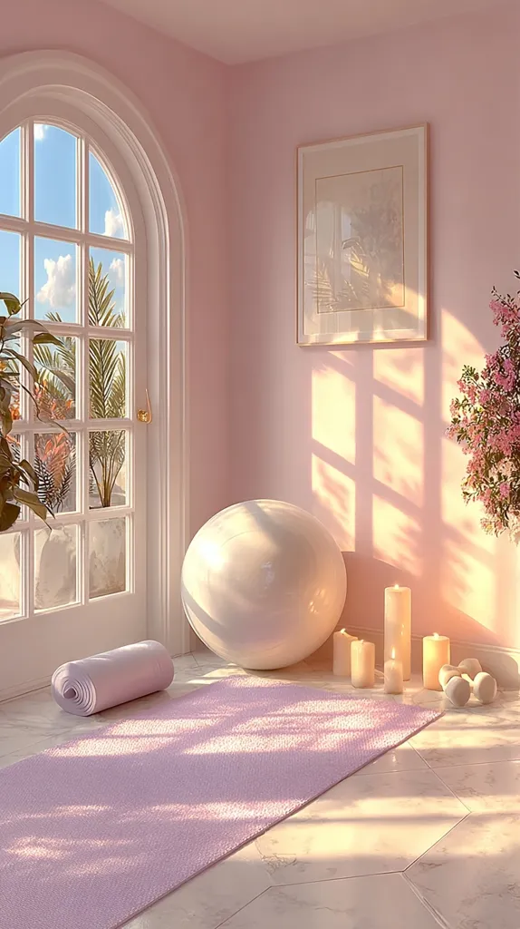 A serene pink room bathed in sunlight features a large arched window overlooking lush greenery.  A lavender yoga mat lies near a white exercise ball, and lit candles add a calming ambiance.  A rolled-up yoga towel and small dumbbells complete the peaceful, minimalist yoga or fitness space.  A framed picture hangs on the wall, enhancing the room's aesthetic.  Pink flowers add a touch of nature.