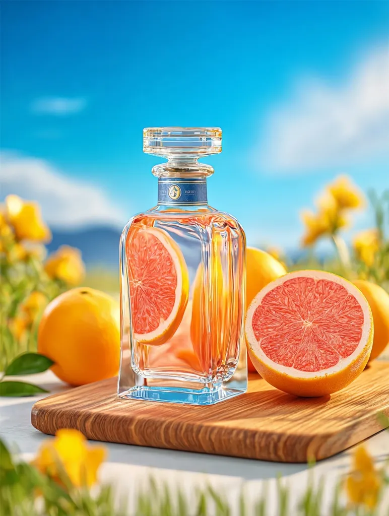 A clear glass decanter with a blue label sits on a wooden board, surrounded by grapefruits and yellow flowers.  The decanter is partially filled with a light-colored liquid, and slices of grapefruit are visible inside.  The scene is brightly lit, with a sunny, outdoor setting suggested by the background.  The overall impression is one of freshness and a citrusy scent.
