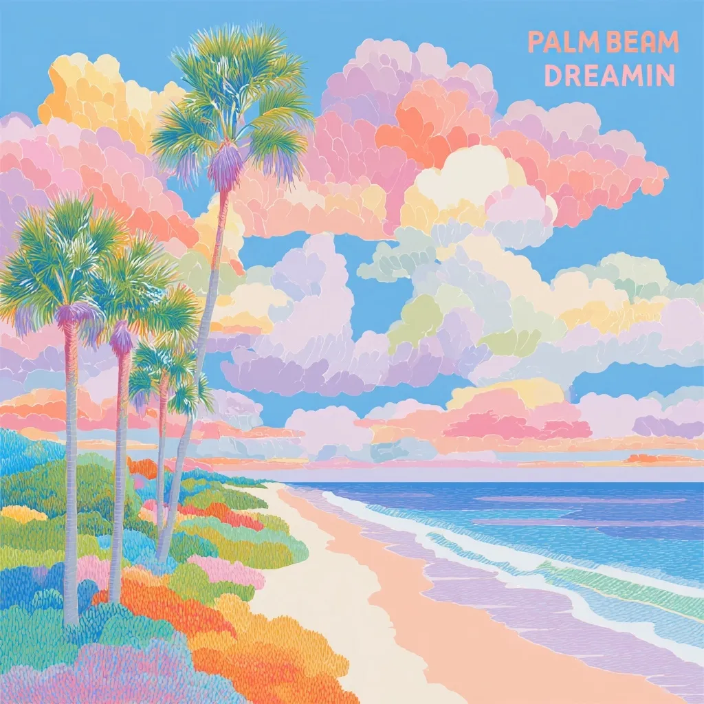 A vibrant illustration titled "Palm Beam Dreamin'" depicts a dreamy beach scene.  Pastel-colored clouds dominate the sky above a tranquil ocean, its gentle waves lapping a sandy shore.  Palm trees stand tall on a lush, colorful coastline, creating a serene and whimsical atmosphere.  The artwork uses a stylized, almost graphic approach to represent the natural elements.