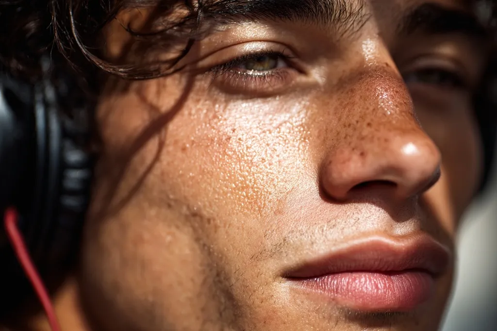 Close-up of a young man's face, partially obscured by dark curly hair.  His skin is sun-kissed, showing freckles and a subtle sheen. He's wearing over-ear headphones, a red cord visible.  His eyes are partially closed, conveying a sense of calm or contemplation. The focus is on his skin texture and features.