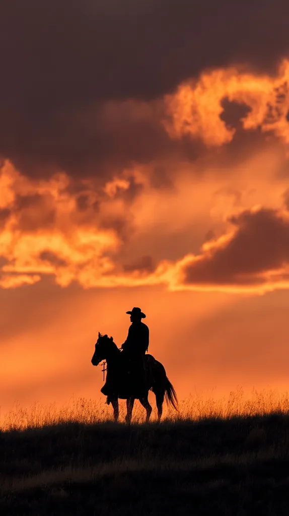 A lone cowboy silhouetted against a vibrant sunset rides his horse across a grassy hill. The fiery orange and yellow hues of the sky create a dramatic backdrop to the tranquil scene. The cowboy's hat and the horse's form are clearly visible against the bright sky.  The image evokes a sense of peace and the vastness of the American West.