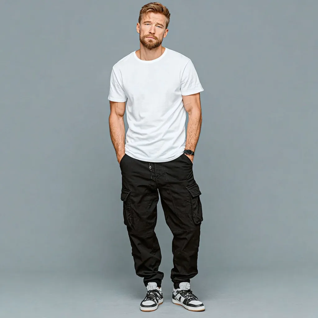 A light-skinned man with short, light brown hair and a beard stands against a gray background. He's wearing a plain white t-shirt, black cargo pants, and black and white sneakers. His hands are in his pockets, and he has a serious expression.  The overall style is casual and slightly rugged.