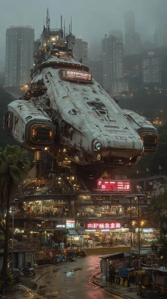 A large, weathered spaceship rests over a bustling, rain-slicked Asian city.  The vessel, with its worn exterior and glowing lights, contrasts sharply with the dense, neon-lit urban landscape.  Tall buildings rise around it, shrouded in a misty atmosphere. The scene evokes a blend of futuristic technology and traditional urban life, suggesting a world where advanced spacecraft coexist with everyday human activity.  The overall mood is one of atmospheric density and intriguing juxtaposition.