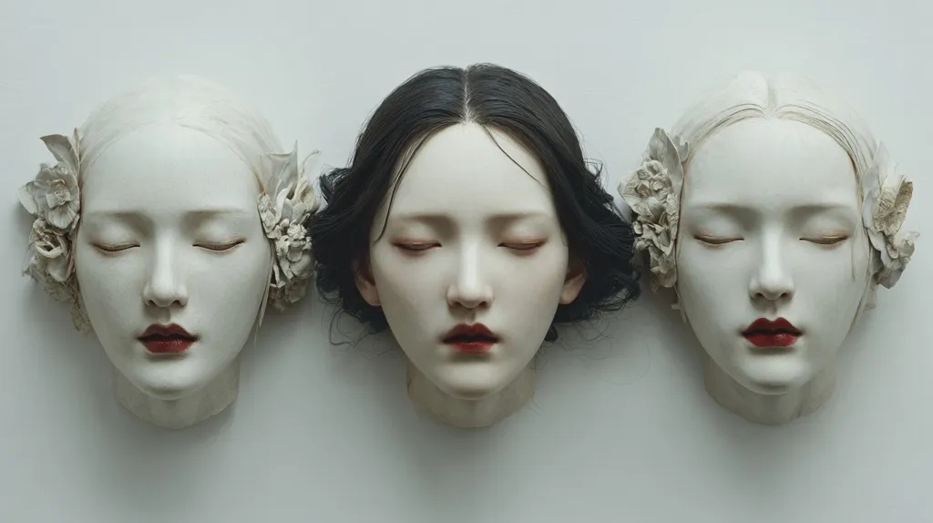 Three serene porcelain sculptures of women's heads are arranged in a row against a minimalist white backdrop. Each sculpture features delicate floral adornments and closed eyes, conveying a sense of tranquility. The central figure has dark hair, while the outer two have light, almost white, hair.  The sculptures' pale skin and subtle red lips create a striking contrast.