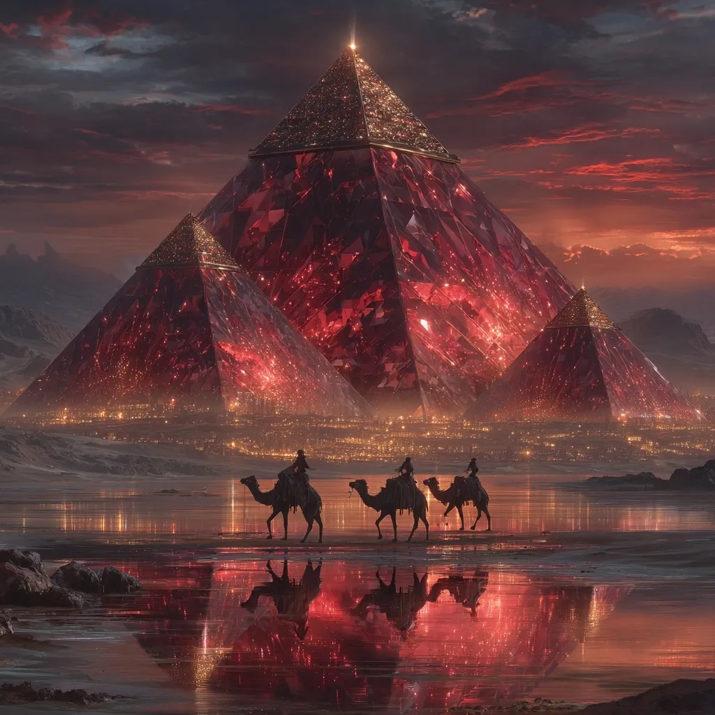 Three majestic pyramids, glowing crimson and gold, dominate the landscape.  A shimmering city lights the base, reflected in the calm waters.  Three camels, each carrying a rider, traverse the sandy shore, creating a serene yet fantastical scene under a dramatic, fiery sunset. The pyramids appear to be constructed from a luminous, crystalline material.