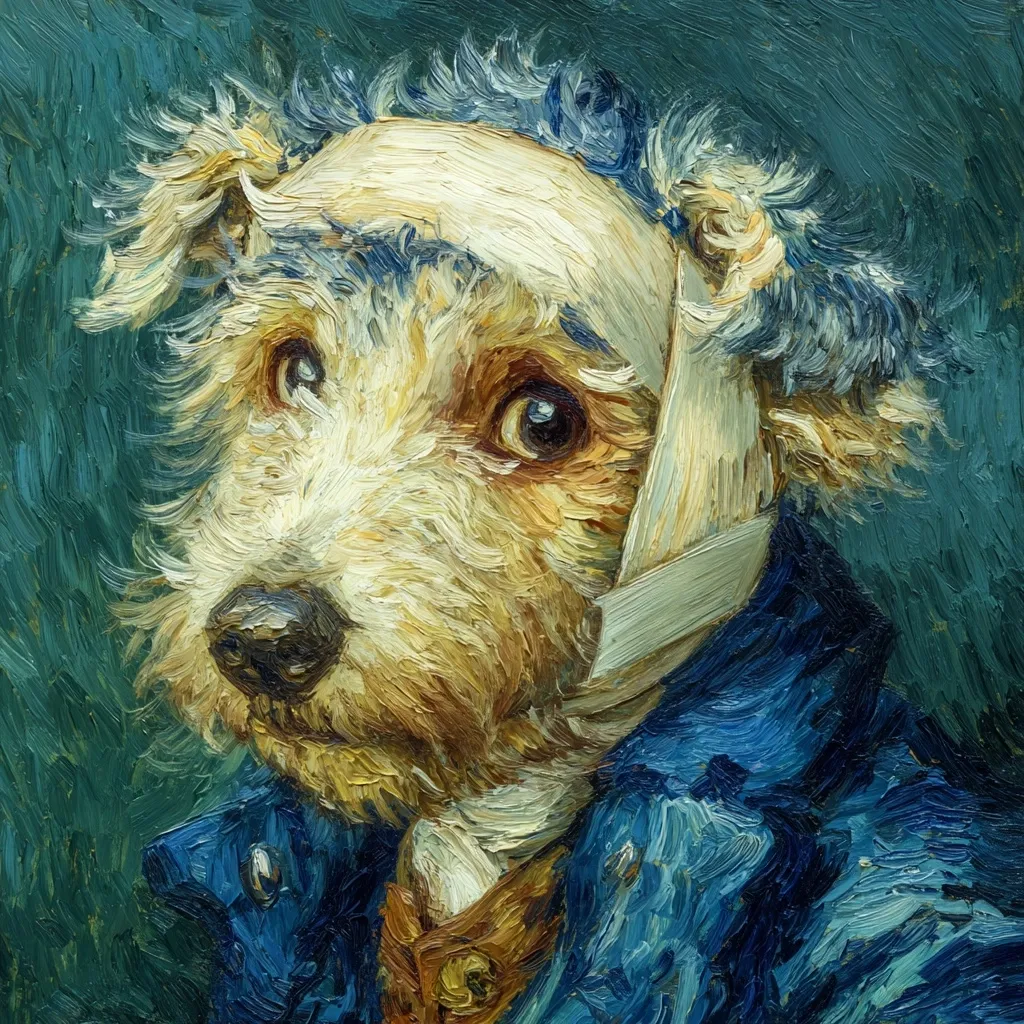 A whimsical oil painting in the style of Van Gogh depicts a wirehaired terrier.  The dog wears a blue jacket and cravat, and a bandage covers part of its head.  Thick, visible brushstrokes create a textured surface, characteristic of the artist's impasto technique. The dog's expression is both curious and slightly melancholic. The background is a deep teal green.