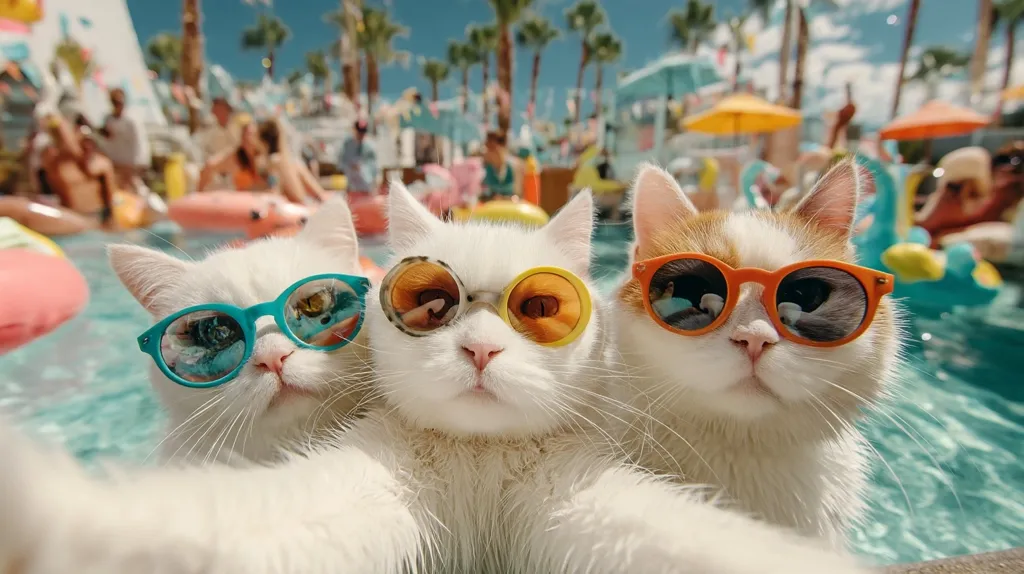 Three cats, sporting stylish sunglasses, pose for a selfie in a pool.  The felines, one white, one calico, and another white, are the focal point, their cool expressions contrasting with the vibrant summer backdrop of palm trees, pool floats, and blurred-out sunbathers. The image conveys a fun, summery vibe.