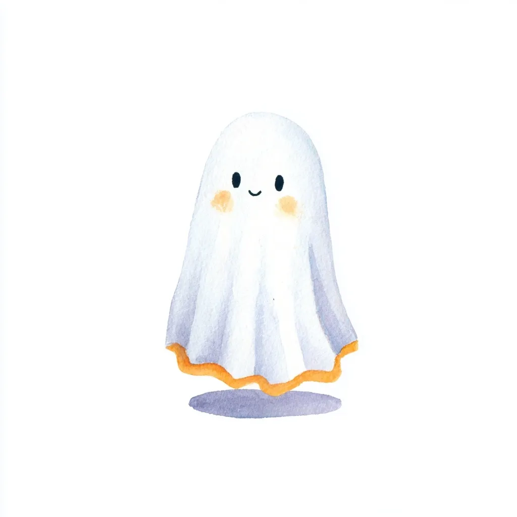 A cute, cartoon ghost floats against a white background.  Rendered in watercolor, the ghost is predominantly white with subtle lavender shading and a soft orange trim along the bottom. It has simple, happy facial features, conveying a friendly and playful demeanor.  The overall style is whimsical and charming, perfect for Halloween or other festive occasions.