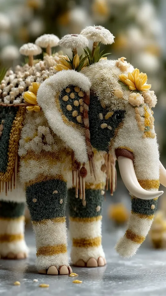 A meticulously crafted elephant figurine is adorned with an array of delicate flowers and textures.  The elephant's body is covered in a plush, textured material, resembling knitted fabric in shades of cream, gold, and muted green.  Small flowers and mushroom-like elements are intricately arranged on its back and head, creating a whimsical, almost fantastical appearance. The detail is extraordinary, showcasing a blend of artistry and skillful craftsmanship.