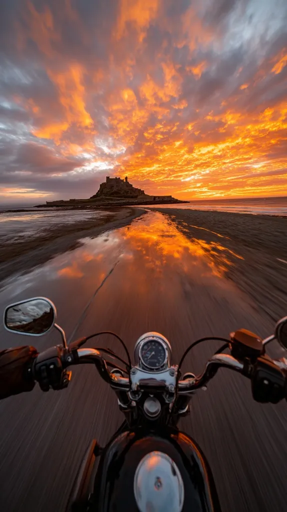 A breathtaking sunset paints the sky in fiery oranges and reds as a motorcyclist rides along a beach toward a majestic castle silhouetted against the vibrant sky. The wet sand reflects the fiery hues, creating a surreal and captivating scene. The perspective from the motorcycle handlebars adds to the immersive experience of this dramatic journey.