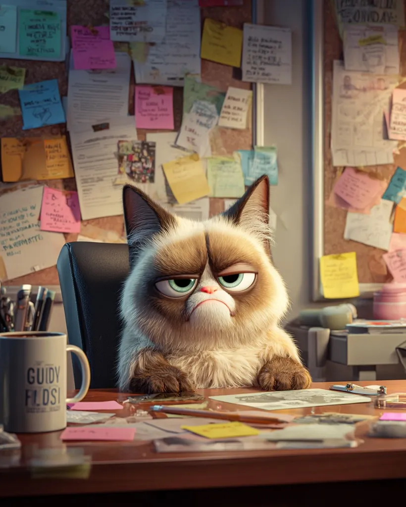 A grumpy-looking cat, resembling Grumpy Cat, sits at a cluttered desk.  The desk is covered in papers, sticky notes, and office supplies.  A corkboard behind the cat is filled with more notes and papers, suggesting a busy workspace. The cat's expression is one of clear displeasure, creating a humorous contrast to the chaotic setting.  A mug sits on the desk to the left of the cat.