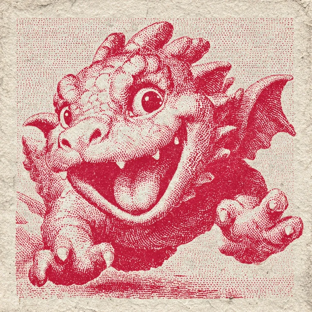 A stylized red dragon, rendered in a pointillist style, dominates the image.  Its large, expressive eyes and wide-open mouth create a friendly, almost cartoonish appearance.  The dragon's wings and claws are visible, suggesting a playful, approachable creature. The textured background resembles aged paper, enhancing the vintage aesthetic. The overall tone is cheerful and whimsical.