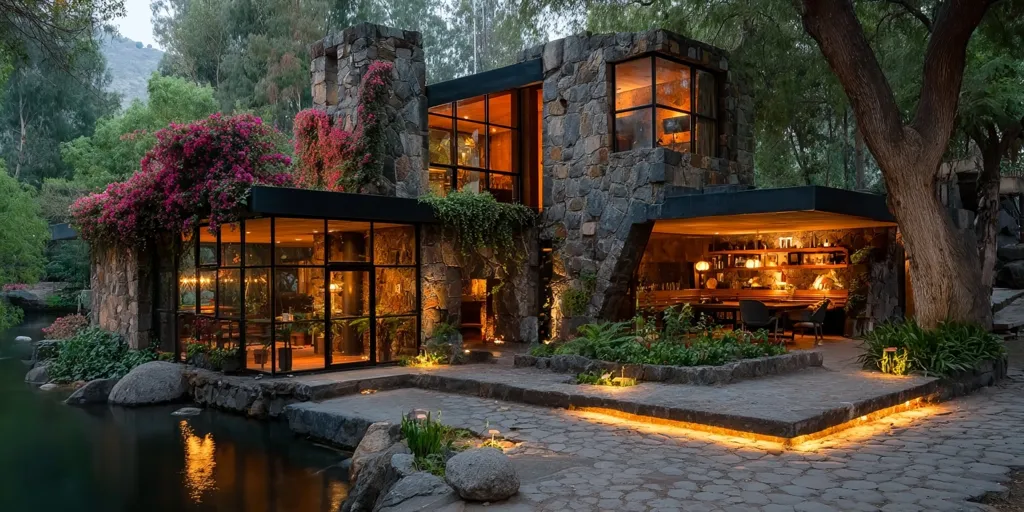A stunning stone and glass house is nestled in a lush, verdant landscape at twilight.  Warm interior lighting glows through expansive windows, illuminating the modern design.  Exterior pathways, bordered by meticulously landscaped gardens, lead to a covered outdoor patio area.  The property features a tranquil pond reflecting the house's beauty, creating a serene and luxurious atmosphere.