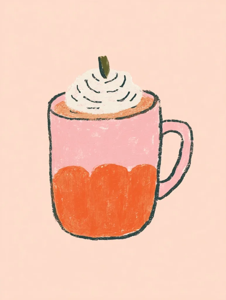 A whimsical illustration of a hot beverage in a pink mug.  The drink is a vibrant orange, topped with a swirl of white whipped cream and a small dark brown garnish.  The style is childlike, using crayon-like strokes and simple shapes for a charming, comforting aesthetic.  The background is a soft, pale pink.