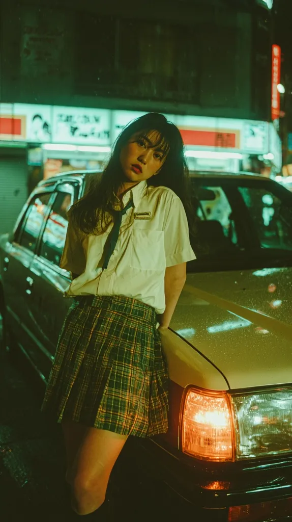 A young woman in a white shirt and green plaid pleated skirt leans against a vintage car under the glow of neon city lights at night. Her dark hair cascades down her shoulders, and she gazes intently towards the camera. The scene exudes a nostalgic, film-noir aesthetic, with a color palette dominated by greens and yellows. The background features a blurred cityscape, adding to the atmospheric depth of the image.