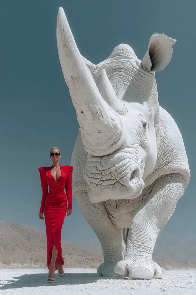 A woman in a vibrant red, form-fitting gown with shoulder pads stands confidently before a colossal, white rhinoceros.  The setting appears to be a stark, desert landscape under a clear blue sky. The contrast between the woman's bold attire and the rhino's monochromatic presence creates a striking visual juxtaposition.  The image is striking and surreal.