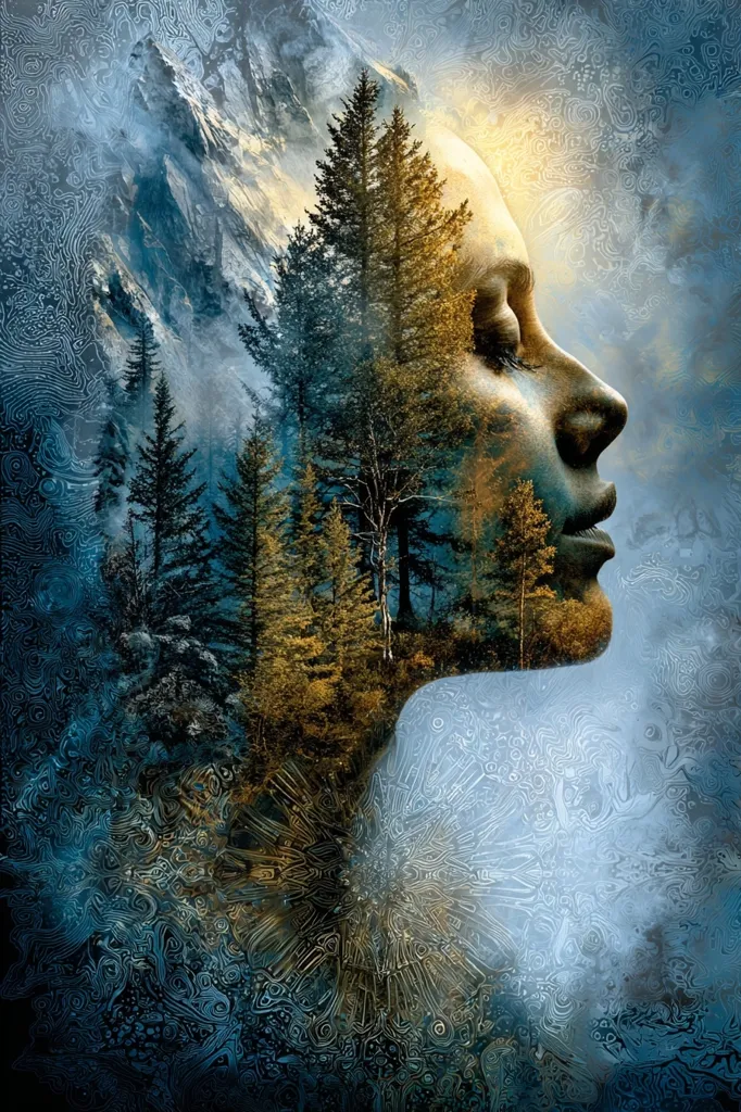 A serene profile of a woman's face is superimposed with a breathtaking landscape.  Evergreen trees and majestic mountains fill the contours of her face, creating a powerful visual metaphor of nature's harmony and inner peace.  The background features an intricate, swirling pattern, enhancing the surreal and dreamlike quality of the artwork.  The overall effect is both calming and intensely evocative.