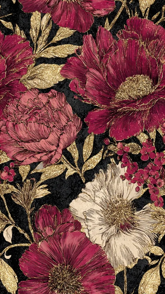 A luxurious floral pattern features large, opulent blooms in shades of deep burgundy and creamy beige, accented with gold glitter detailing. The flowers, possibly peonies and poppies, are intricately drawn, showcasing their delicate petals and textures.  The dark background enhances the vibrant colors and the gold accents create a sparkling, glamorous effect, suggesting a rich, sophisticated aesthetic.
