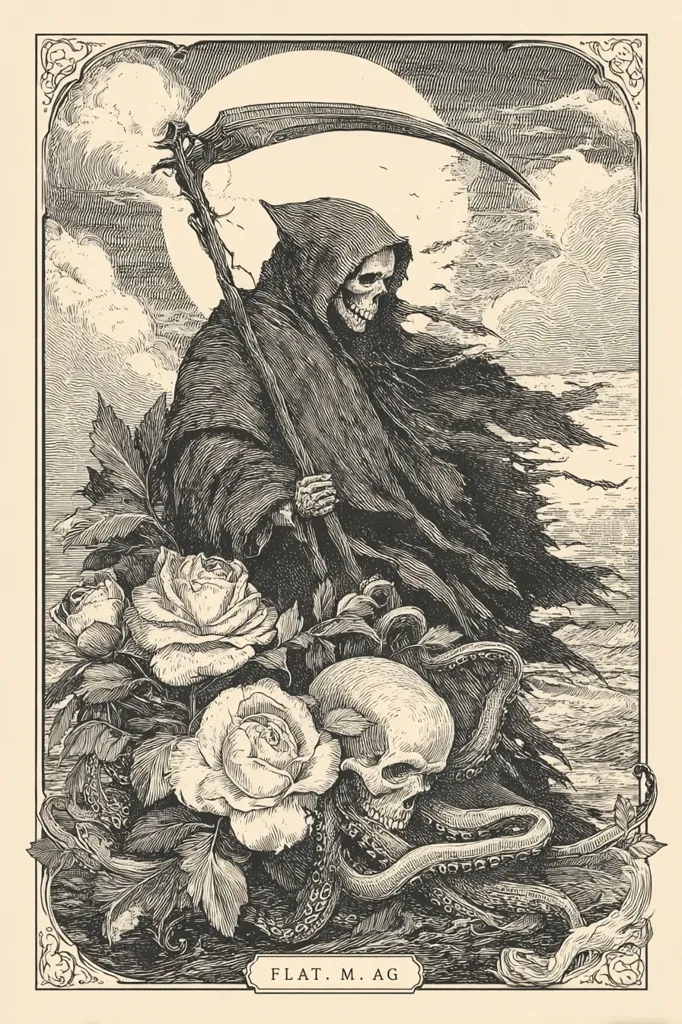 A detailed black and white illustration depicts the Grim Reaper, cloaked and wielding a scythe, standing against a moonlit seascape.  Roses and a skull entangled with an octopus are at the Reaper's feet. The style is reminiscent of vintage woodcuts or engravings, with heavy shading and intricate detail.  A sense of mystery and macabre beauty pervades the image.