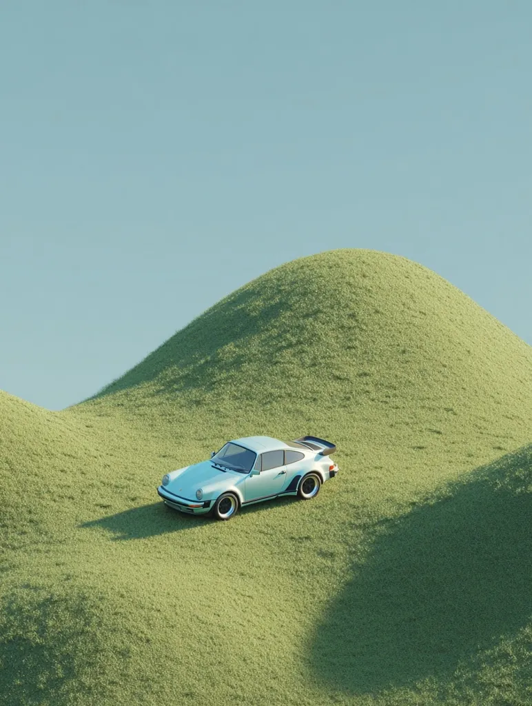 A light teal Porsche 911 (930) sits on a gently sloping, verdant hill under a pale blue sky.  The car is positioned slightly off-center, emphasizing the rolling landscape.  The scene is minimalist and serene, evoking a sense of calm and tranquility.  The soft lighting and muted colors contribute to the peaceful atmosphere.