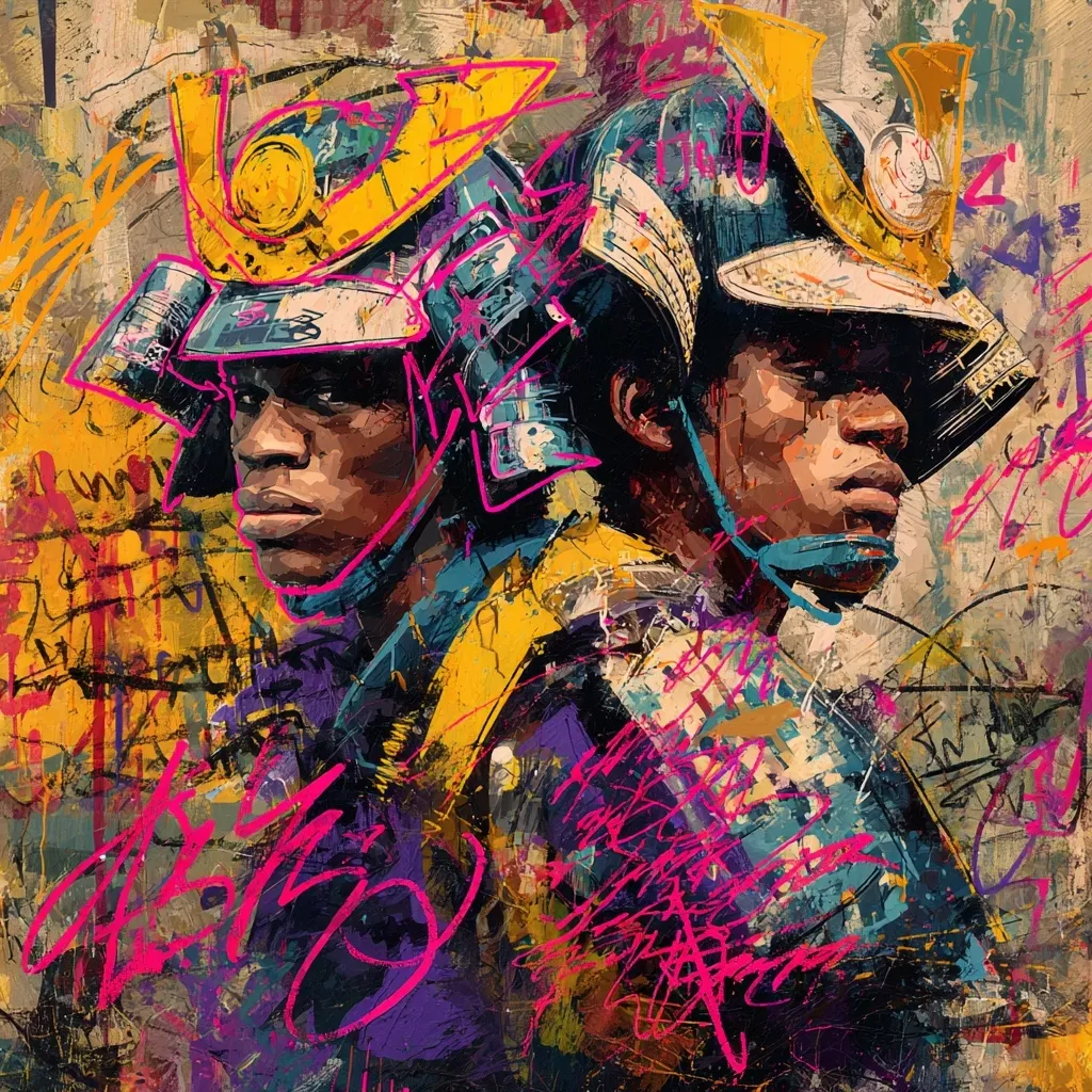 A vibrant, abstract portrait of two individuals, seemingly warriors, depicted in samurai helmets.  The artwork is rich with bold colors and energetic brushstrokes, incorporating graffiti-style elements.  The faces are partially obscured by the helmets, yet their expressions and postures convey strength and determination.  The overall style is a fusion of traditional Japanese imagery and contemporary urban art.