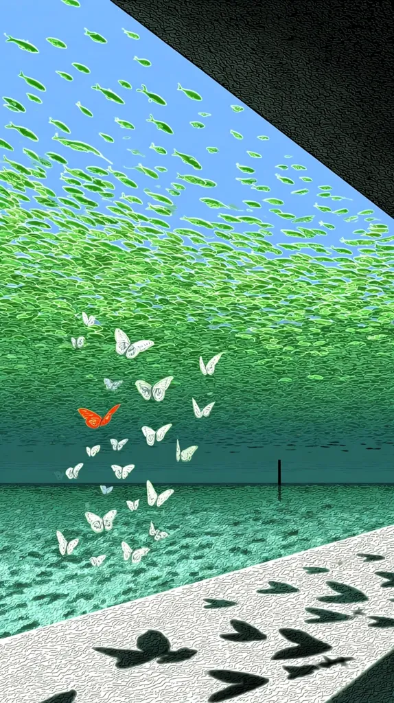 A vibrant illustration depicts a school of green fish swimming beneath a light blue surface.  White butterflies flutter downwards, one orange butterfly standing out amongst them, towards a teal body of water.  Below, on a white surface, the butterflies' shadows are cast as heart shapes.  The scene is framed by a dark, textured edge.